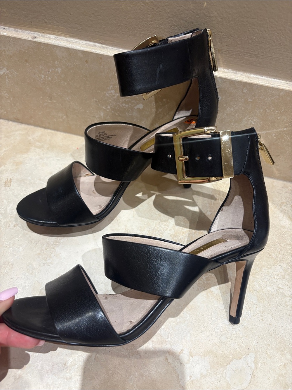 Louise et Cie Black Heeled Ankle-Strap Sandals with Gold Buckle